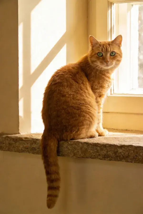橘色短毛家猫坐窗台沐浴阳光