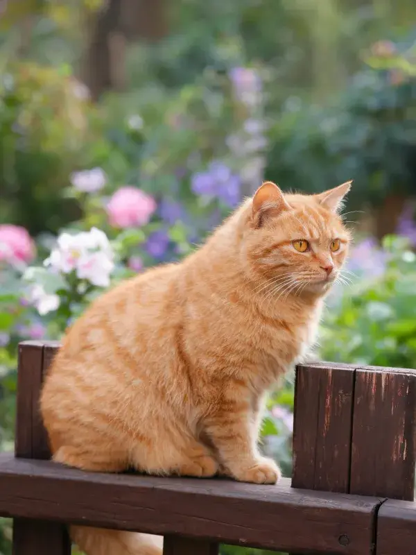 橘色短毛猫于花园木栅栏处