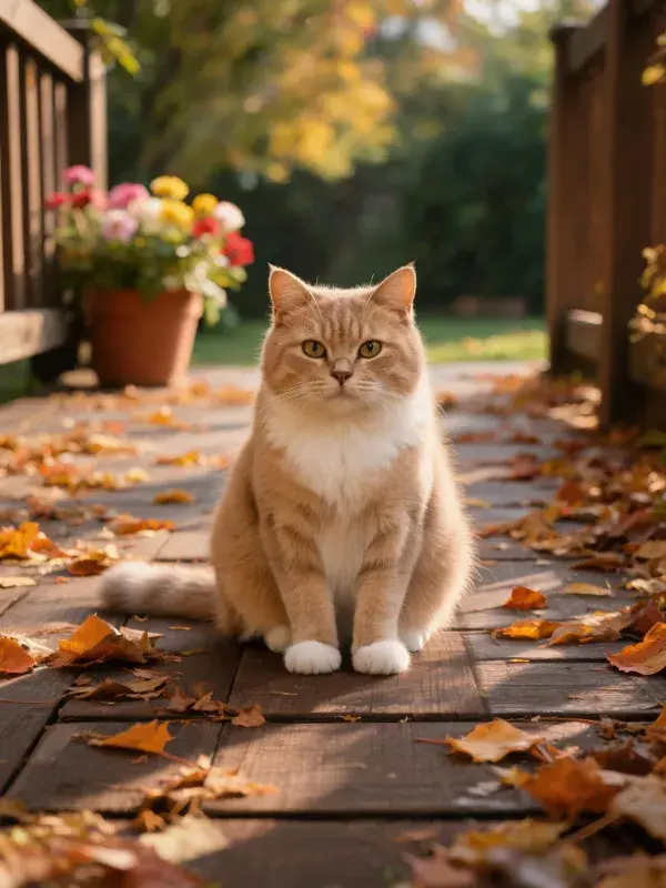 木质步道上的橘白相间的短毛猫