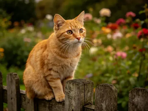 橘色短毛家猫站在木栅栏上