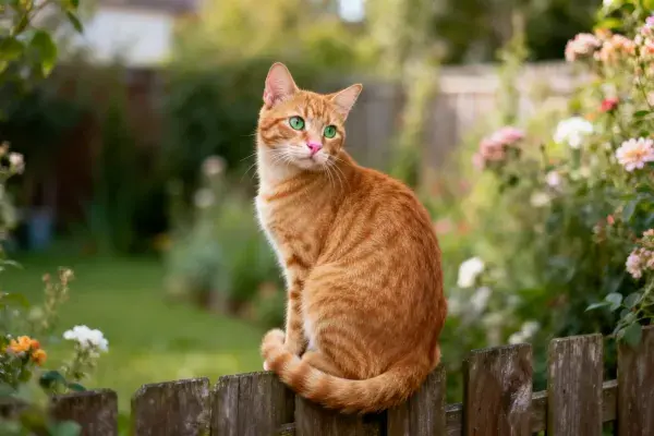 橘色短毛家猫于花园木栅栏上的观察姿态