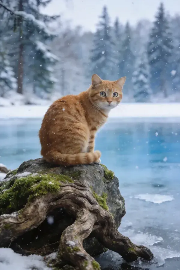 橘色短毛家猫坐于苔藓树桩眺望湖面