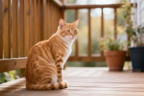 木质平台上短毛虎斑家猫的姿态捕捉