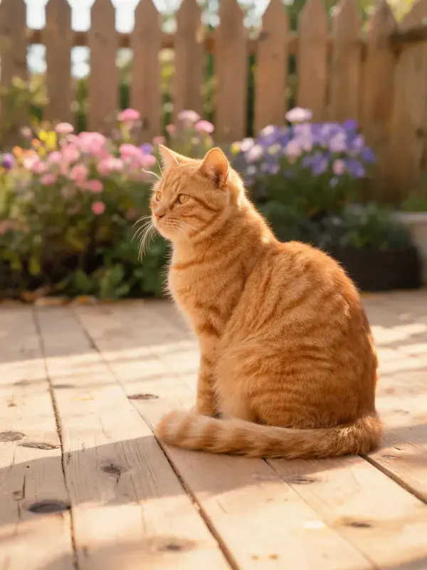 橘色短毛猫在木质平台上的姿态