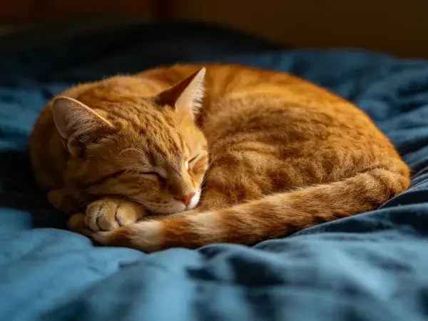 暖光下床铺上的橘色短毛家猫休息场景