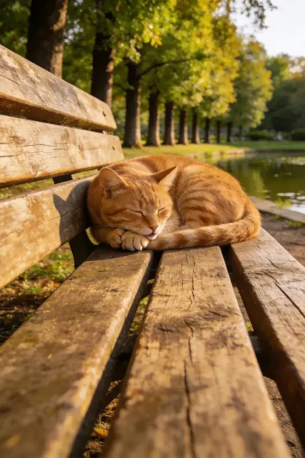 公园木椅上的橘色短毛猫