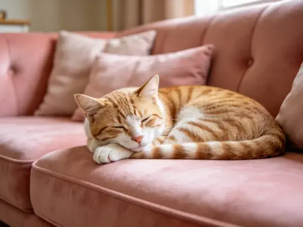 粉色沙发上橘色短毛家猫