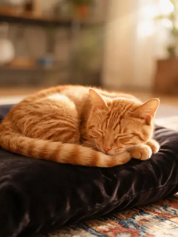 橘色短毛家猫在深色软垫上的休憩状态