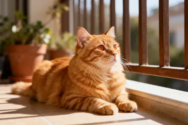 橘色短毛虎斑猫在阳台的特写