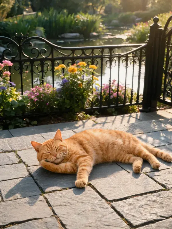 橘色短毛家猫在园林石板路上的休憩景象