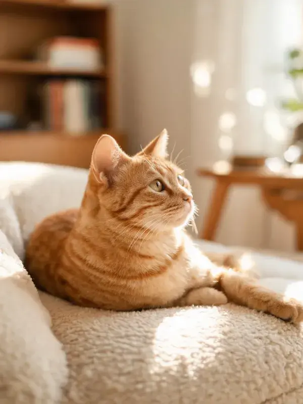 橘色短毛猫在柔软织物上的姿态