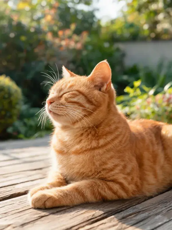 阳光明亮处橘色短毛家猫休憩图景