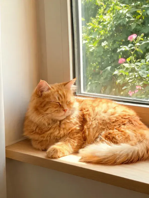 窗台上晒太阳的橙色长毛家猫