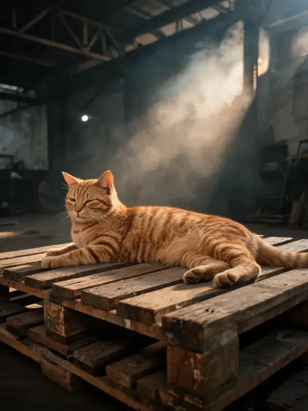 橙色短毛猫在木质托盘上的休憩状态