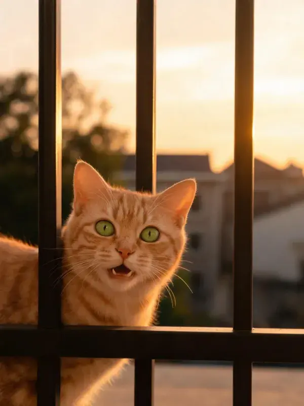 橘色短毛家猫透过栏杆张望的场景