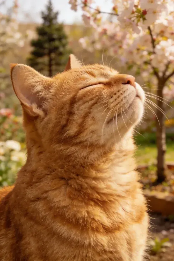 春日花园中嗅闻芬芳的橘猫