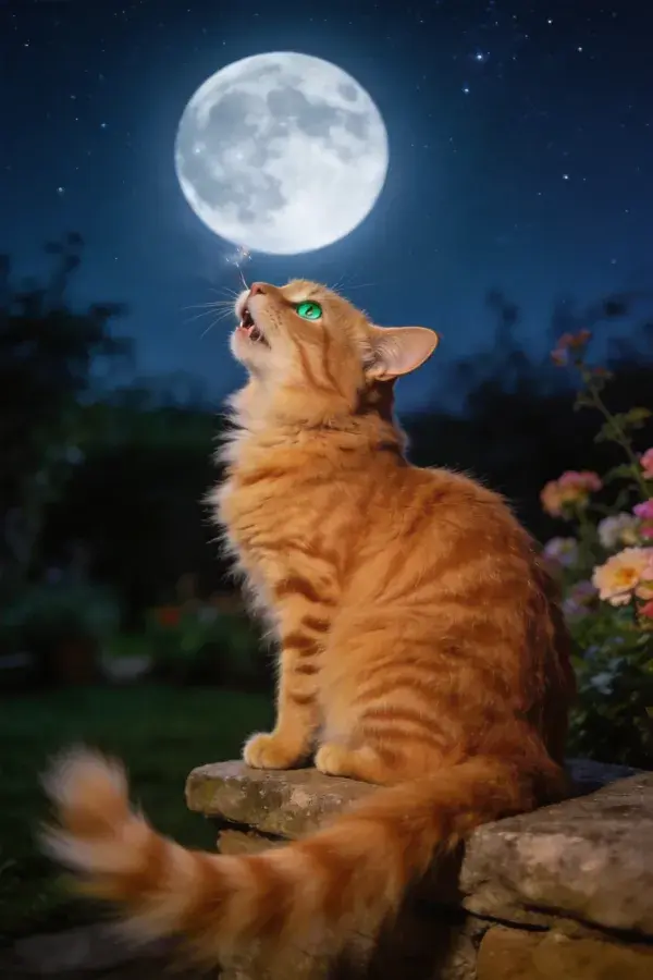 橙虎斑纹家猫仰望月夜的花园场景
