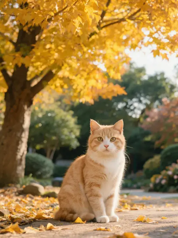 橘色短毛家猫在秋日落叶小径上的姿态