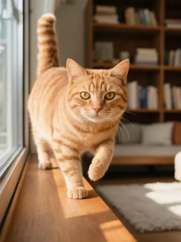 橘色短毛猫在窗边行走