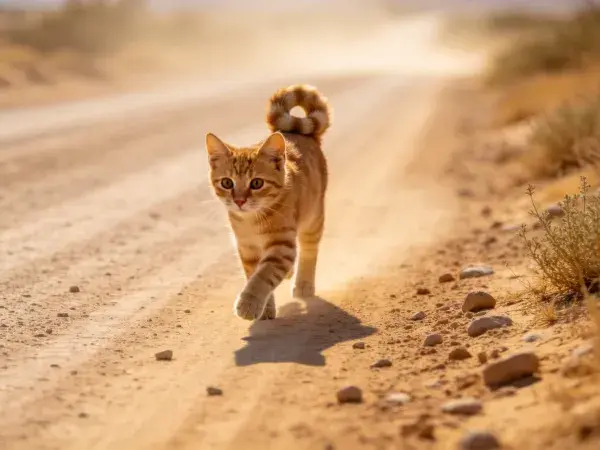 沙漠土路上行走的橘色短毛猫