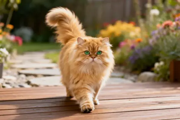 金吉拉长毛猫在花园木廊行走