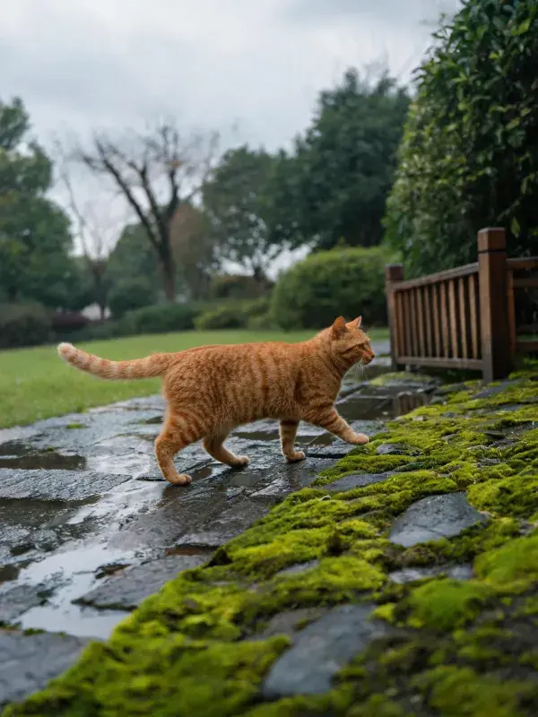 橘色短毛猫漫步潮湿石径的园林场景