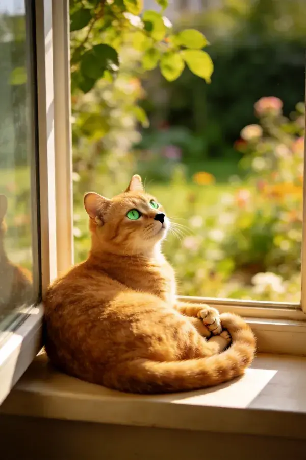 橘色短毛家猫在窗台眺望花园
