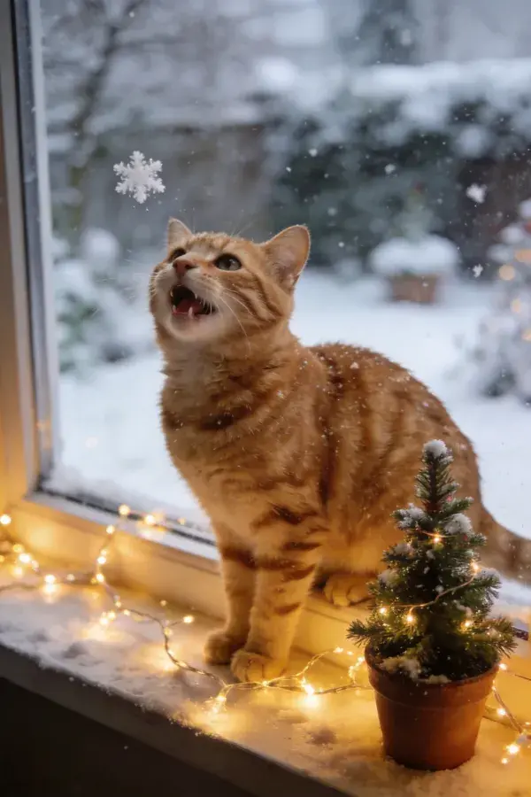 露齿凝视雪花的橘色虎斑猫