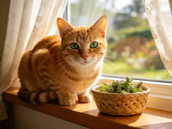 橘色短毛家猫坐窗台旁