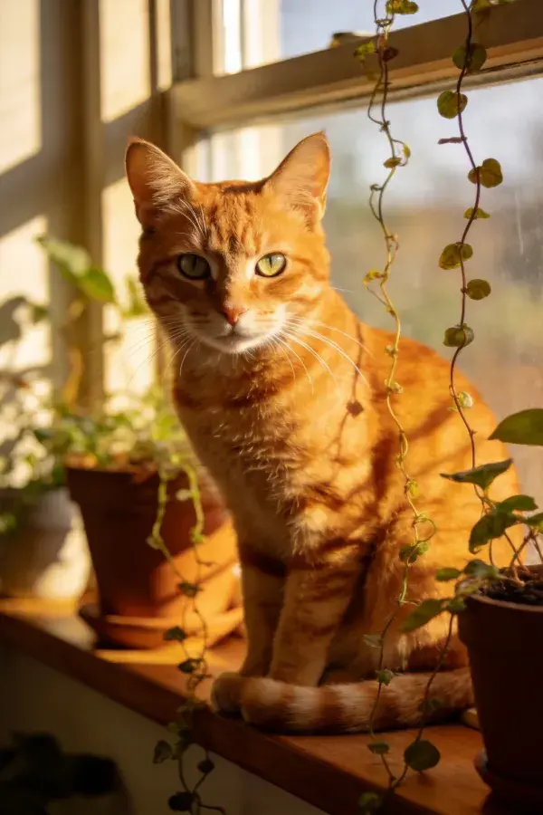 橘色短毛家猫凝视窗外