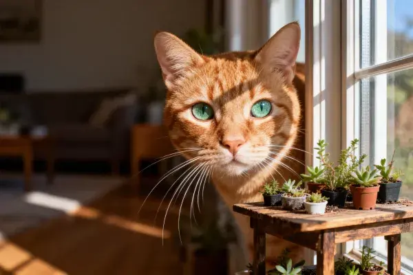 窗边木质平台上橘色短毛猫