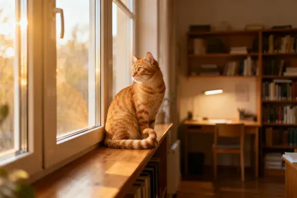暖光下窗台上的橘色虎斑短毛猫