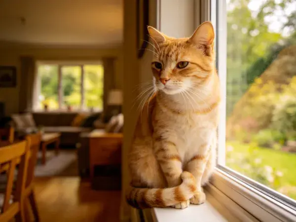 阳光下窗台上的橘色短毛家猫