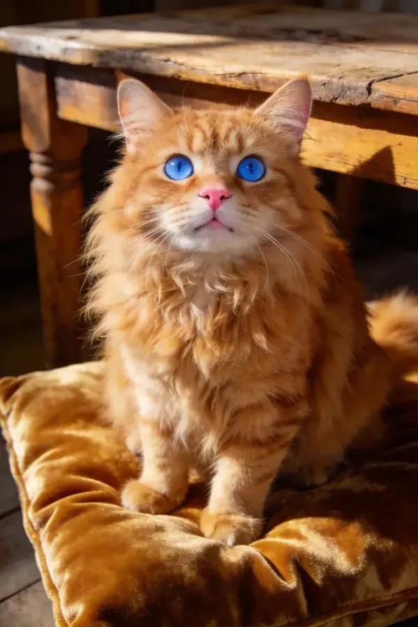 长毛橘猫在木桌下垫子上坐着
