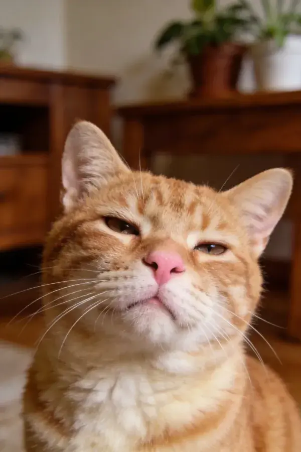 室内木质家具旁的橘色短毛家猫