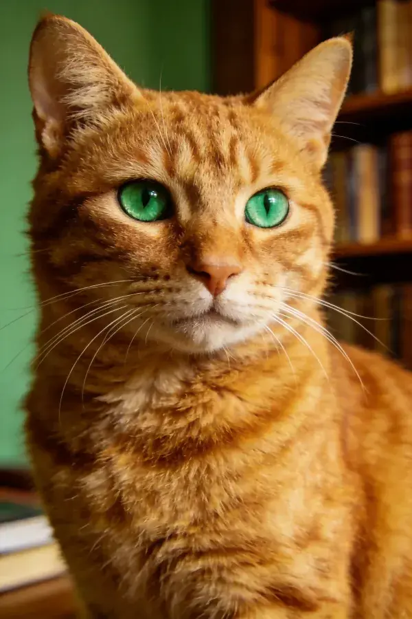 书房书架前的橘色短毛虎斑猫