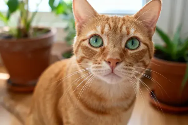 室内绿植旁凝视的橘色短毛家猫