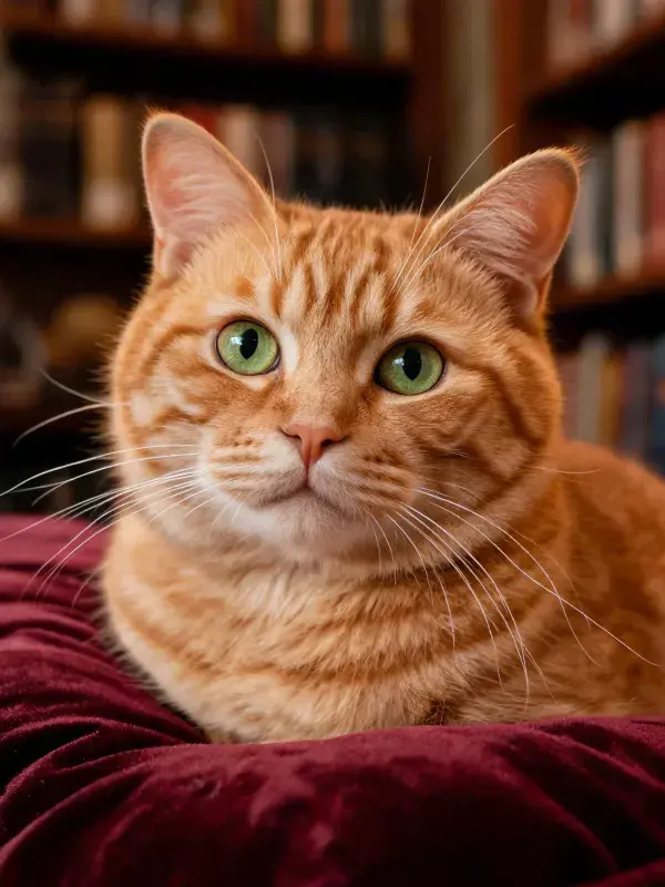 书房书架前的橘色虎斑短毛猫