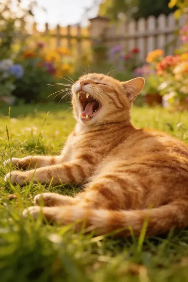花园草地上的橘色短毛家猫打哈欠