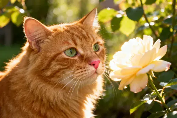 橘色短毛家猫注视花园中的白色花朵