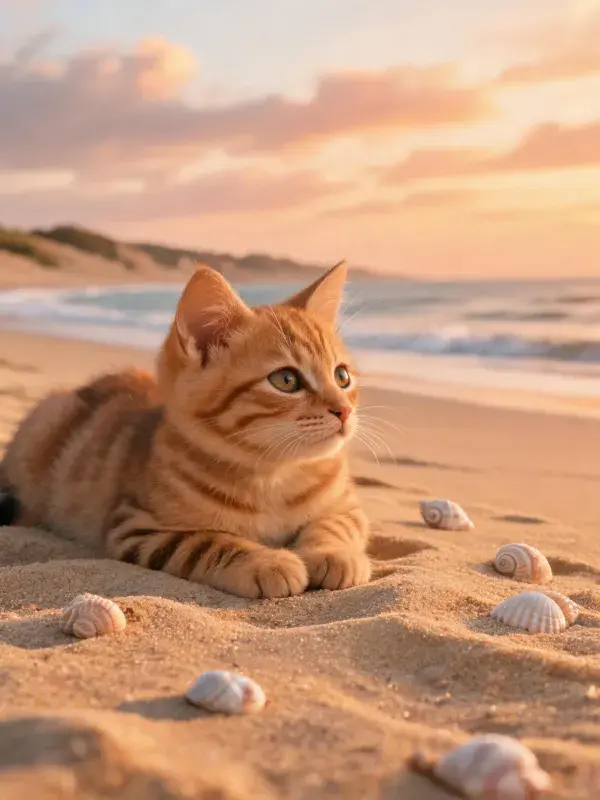 橘色虎斑短毛猫沙滩休憩