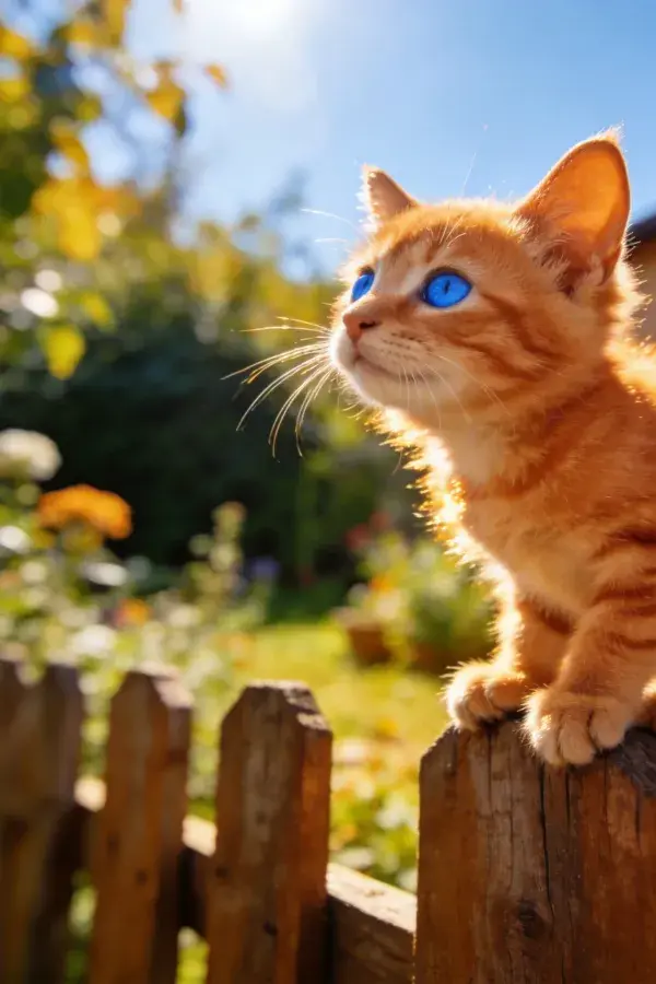 橘色短毛家猫眺望木栅栏外景象
