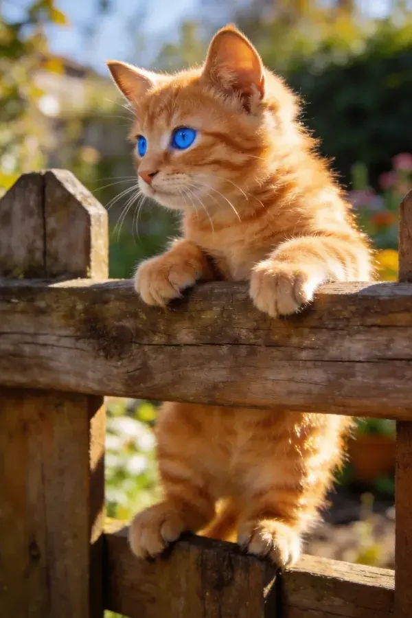 橘色小猫倚靠木栅栏眺望