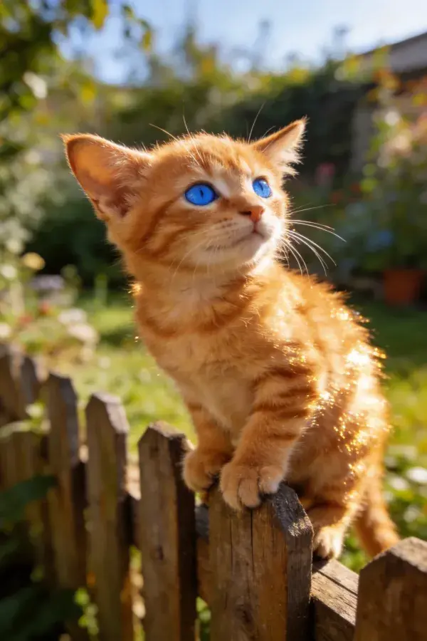 花园木栅栏上的橘色短毛家猫