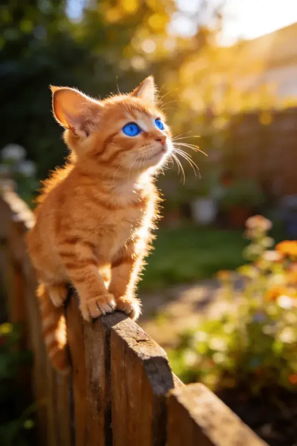 橙色虎斑短毛猫站立眺望木栅栏