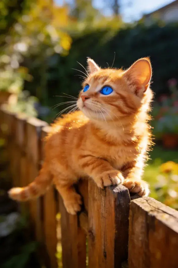 木栅栏上的橘色短毛家猫