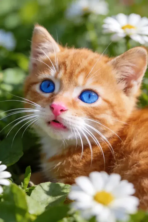 雏菊丛中橘色短毛家猫