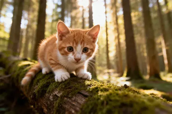 橘白短毛家猫在苔藓原木上凝视
