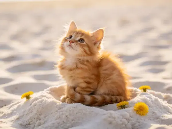 沙滩沙堆上的橘色虎斑小猫特写