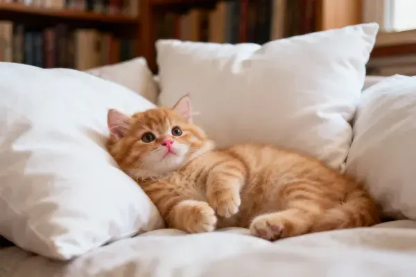 橘色短毛家猫在软垫上的休憩瞬间